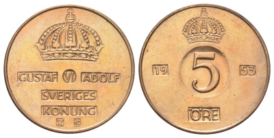 Швеция 5 эре 1953 Густав VI Адольф (1950-1973) KM 822 бронза 4700-733