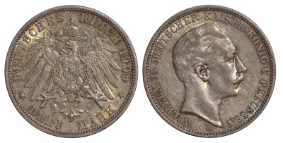Пруссия 3 марки 1909 Вильгельм II (1888-1918) KM 527, J. 103 серебро    413-632