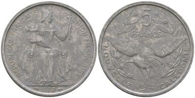 Французская Новая Каледония 5 франков 1952 птица кагу, (IEOM) KM 4, Schoen 4, Lec 71 алюминий 179-234