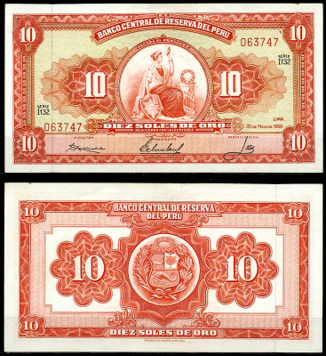 Перу 10 солей 1966 сидящая свобода, Thomas de la Rue Pick 84 a  бумага  аUNC 444-142-1-2