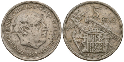 Испания 5 песет 1957 (71) Франсиско Франко (1939-1975) KM 786 медно-никель 186-712