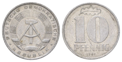 ГДР 10 пфеннигов 1967 A KM 10 алюминий 4627-938
