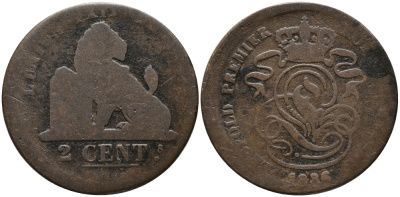 БЕЛЬГИЯ 2 САНТИМА 1886 BELGES KM 4.2 медь 4391-841