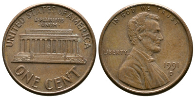 США 1 цент 1988 D, Линкольн KM 201b цинк плакированный медью    4608-421