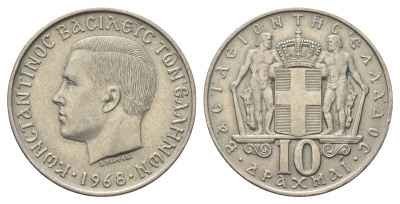Греция 10 драхм 1968 год-тип, Константин II (1964-1973) KM 96 медно-никель 4692-313