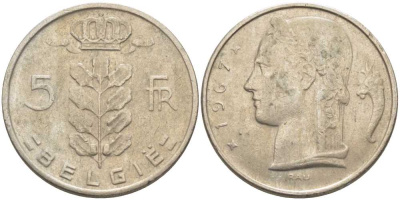 Бельгия 5 франков 1967 Belgie, Бодуэн I (1951-1993) KM 135.1 медно-никель 119-815