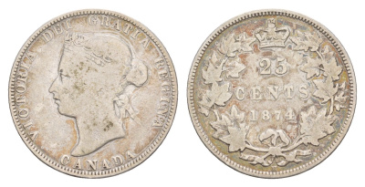 Канада 25 центов 1874 H, Виктория (1837-1901) KM 5 серебро 1518-1535