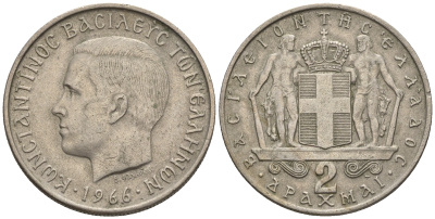 Греция 2 драхмы 1966 Константин II (1966-1973) KM 90 медно-никель 87-834