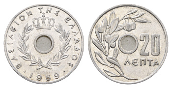 Греция 20 лепт 1959 Павел I (1947-1964), оливковая ветвь KM 79 алюминий 85-912