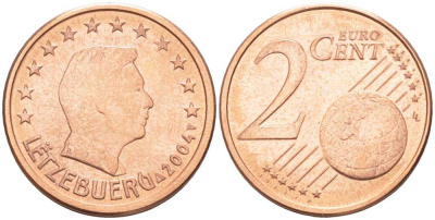 ЛЮКСЕМБУРГ 2 ЕВРОЦЕНТА 2004 ГЕНРИ KM 76 сталь плакированная медью UNC 96-454
