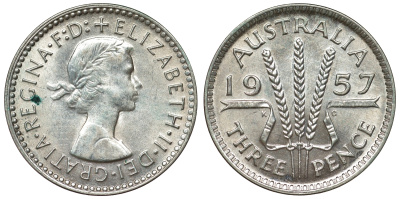 Австралия 3 пенса 1957 m, Елизавета II (1952-2022) KM 57 серебро 71-519