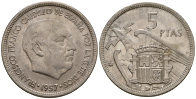 Испания 5 песет 1957 (69) Франсиско Франко (1939-1975) KM 786 медно-никель 186-654
