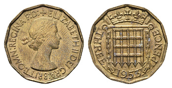 Великобритания 3 пенса 1953 Елизавета II (1952-2022), год-тип KM 886, Spink 4152 никель латунь UNC 4691-637