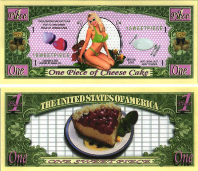 США 1 КУСОК (PIECE) 2002 СУВЕНИРНАЯ БАНКНОТА, 1 КУСОК ЧИЗКЕЙКА бумага UNC (ПРЕСС) 7198-39-2-1