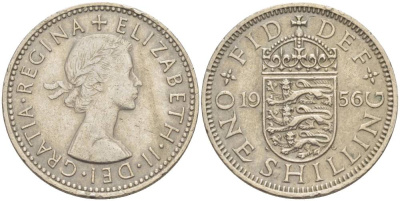 Великобритания 1 шиллинг 1956 Елизавета II (1952-2022), Английский герб KM 904, Spink 4147 медно-никель 4544-437