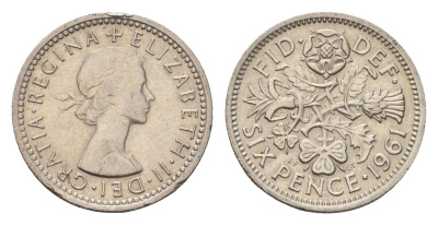 Великобритания 6 пенсов 1961 Елизавета II (1952-2022) KM 903, Spink 4149 медно-никель 4708-346