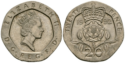 Великобритания 20 пенсов 1992 Елизавета II (1952-2022) KM 939, Spink 4361 (G2) медно-никель 4538-1253