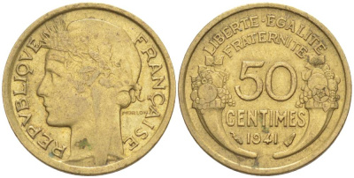 ФРАНЦИЯ 50 САНТИМОВ 1941 ТИП MORLON KM 894.1, LE FRANC 192.18 алюминиевая бронза 44-542
