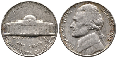 США 5 ЦЕНТОВ 1964 ДЖЕФФЕРСОН KM А192 медно-никель 4364-621