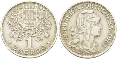 ПОРТУГАЛИЯ 1 ЭСКУДО 1961 ГОЛОВА СВОБОДЫ ВПРАВО KM 578 медно-никель 4517-435
