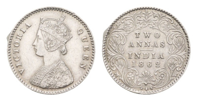 Британская Индия 2 анны 1862 Виктория (1837-1901) KM 469 серебро    1529-813