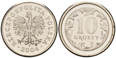 Польша 10 грошей 2004 MW KM 279 медно-никель UNC 02-264-34