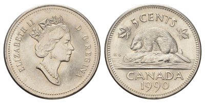 Канада 5 центов 1990 Елизавета II (1952-2022), бобр KM 182 медно-никель UNC 4689-434