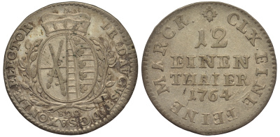 Саксония, Альбертинская линия 1/12 талера 1764 E.D.C. Фридрих Август III (1763-1806), из коллекции Gerhart Rother KM 956 (C 100), Buck 103, Slg. Merseburger 2009 серебро 413-6345