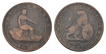 Испания 5 сентимо 1870 ОМ, лев со щитом KM 662 бронза 4633-911