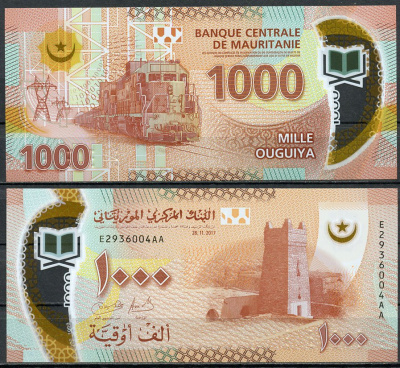 Мавритания 1000 угуйя 2017 башня, локомотив, железная дорога Pick 26  пластик  UNC (пресс) 451-545-3