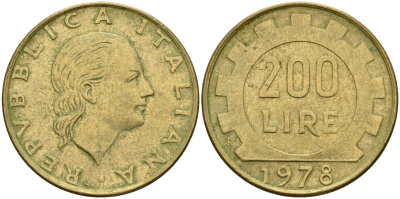 Италия 200 лир 1978 R, шестерня KM 105 алюминиевая бронза 4171-945