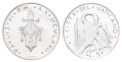 Ватикан 5 лир 1970 MCMLXX, Павел KM 118 алюминий UNC 4697-1024