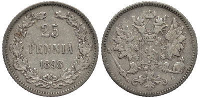 РОССИЯ ДЛЯ ФИНЛЯНДИИ 25 ПЕННИ 1898 L, НИКОЛАЙ II KM 6.2, Биткин 410 серебро 443-825
