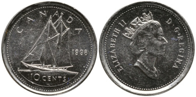 КАНАДА 10 ЦЕНТОВ 1998 ЕЛИЗАВЕТА II (1952-), ПАРУСНИК, ТРЕТИЙ ПОРТРЕТ В КОРОНЕ KM 183 никель 4532-845