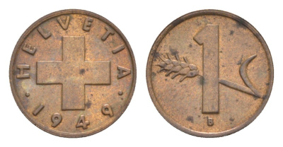 Швейцария 1 раппен 1949 B KM 46 бронза 4636-227