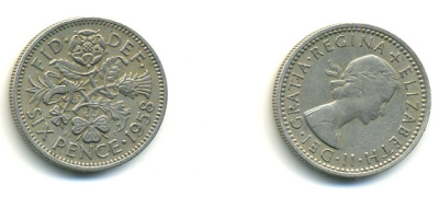 Великобритания 6 пенсов 1958 Елизавета II (1952-2022) KM 903, Spink 4149 медно-никель 23-821