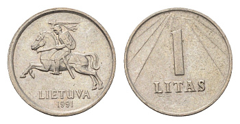 Литва 1 лит 1991 год-тип KM 91 медно-никель 4687-1265