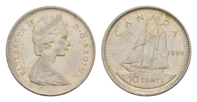 Канада 10 центов 1969 Елизавета II (1952-2022), парусник KM 77 никель 4630-818
