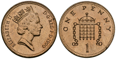 Великобритания 1 пенни 1990 Елизавета II (1952-2022) KM 935, Spink 4381 (B3) бронза 4176-622
