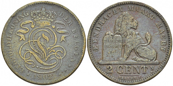 БЕЛЬГИЯ 2 САНТИМА 1902 BELGEN KM 36 медь 110-154