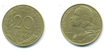 ФРАНЦИЯ 20 САНТИМОВ 1986 KM 930 медь алюминий никель 25-253