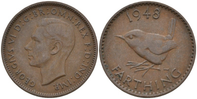 Великобритания 1 фартинг 1948 Георг VI (1936-1952) KM 843, Spink 4116 бронза 4596-968