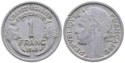 ФРАНЦИЯ 1 ФРАНК 1948 ТИП MORLON, LEGERE KM 885a.1, LE FRANC 221.13 алюминий 51-457
