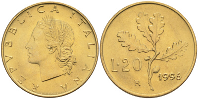 Италия 20 лир 1996 R, дубовый лист KM 97.2 алюминиевая бронза  UNC  4594-1051