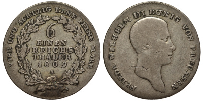 Бранденбург-Пруссия 1/6 талера 1809 A, Фридрих Вильгельм III (1797-1840) KM 385 серебро 1515-2014