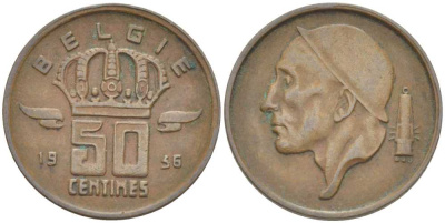 БЕЛЬГИЯ 50 САНТИМОВ 1956 BELGIE, БОДУЭН I (1951-1993) KM 149.1 бронза 214-162