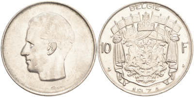 БЕЛЬГИЯ 10 ФРАНКОВ 1971 BELGIE, БОДУЭН I (1951-1993) KM 156.1 никель 4556-651