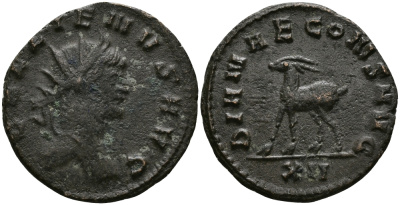 Римская Империя антониниан 265 - 267 Галлиен DIANAE CONS AVG АНТИЛОПА, Рим Very fine RIC 181 бронза 1073-10-34