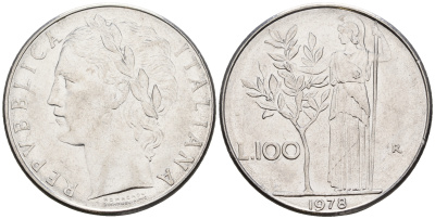 Италия 100 лир 1978 R, богиня Афина KM 96.1 нержавеющая сталь 259-153