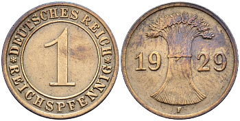 ГЕРМАНИЯ 1 РЕЙХСПФЕННИГ 1929 F KM 37, J. 313, Weege 2 бронза 4547-142
